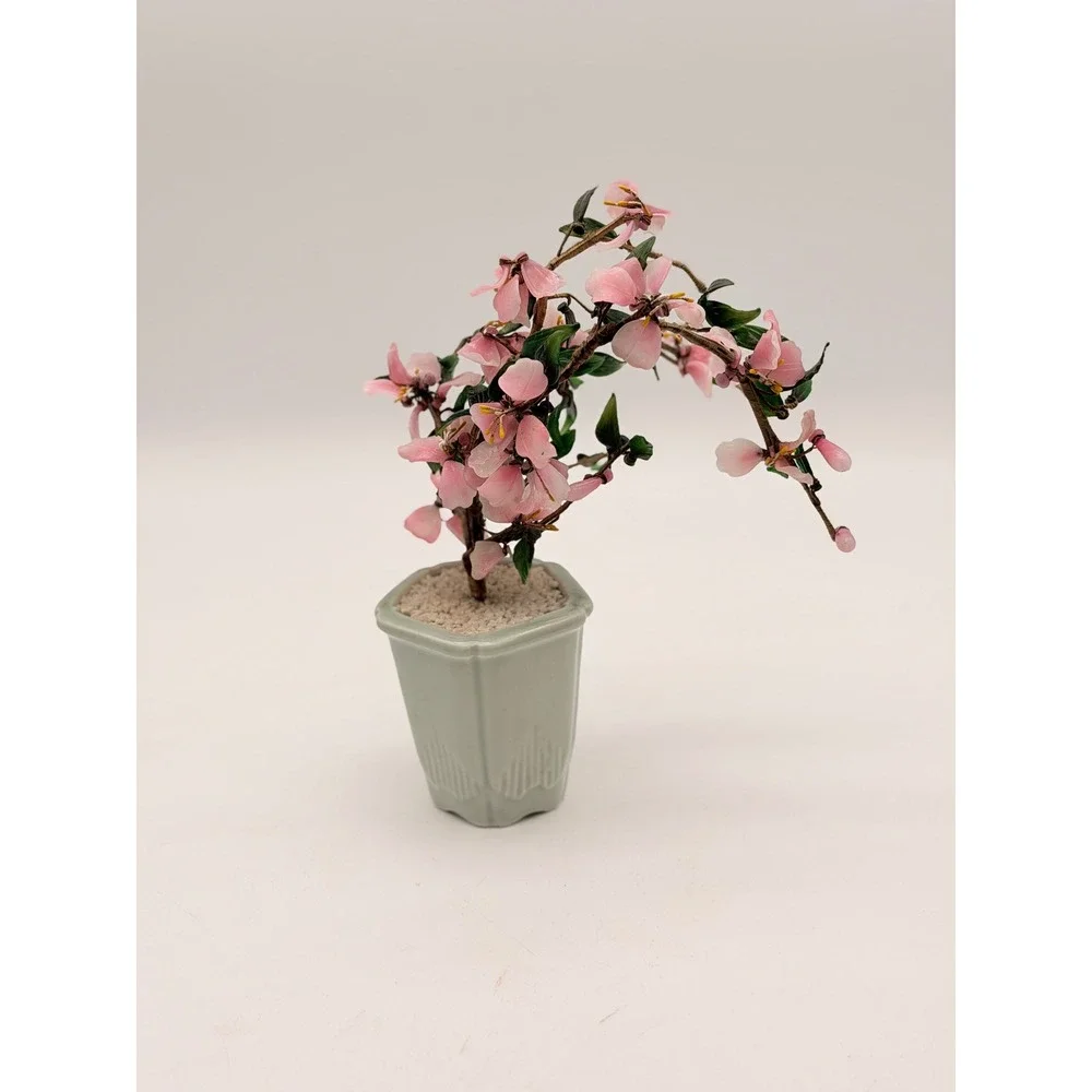 Vintage Glass Cherry Blossom Bonsai Tree Celadon Ceramic Pot Pink Green Asian